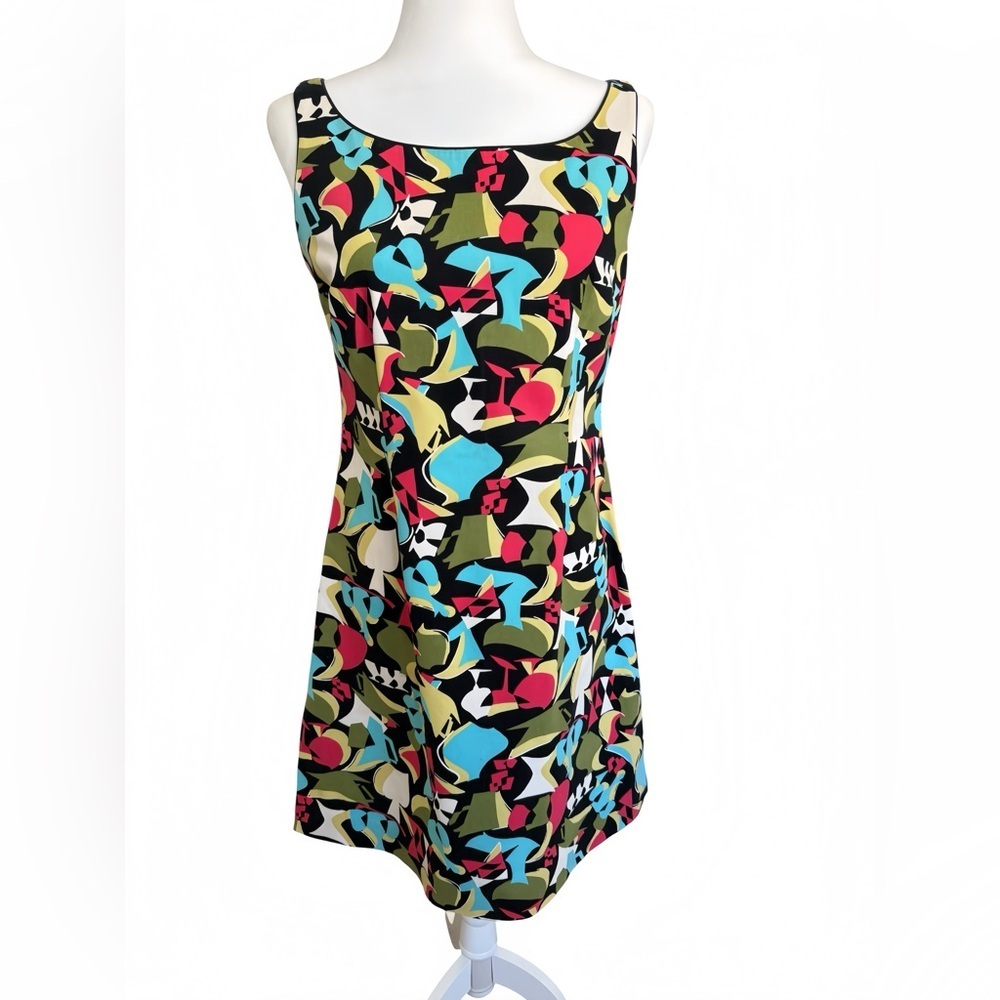 Becky & Max Y2K Mod Print Dress Sz 10 Colorful Abstract Stretch Sheath Retro